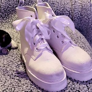 White glitter platform Dr Martens. Original white satin laces. Size 10